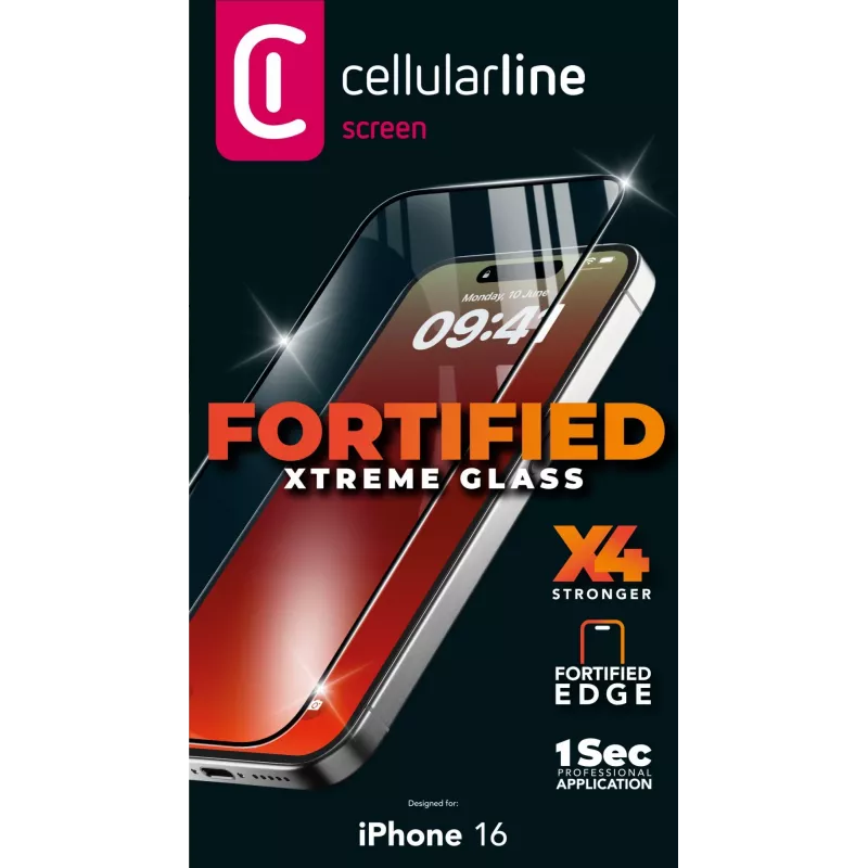 Cellularline Fortified Xtreme Glass - iPhone 16 Ultra-protective tempered glass with reinforced edges, easy to apply and ultra-resistant