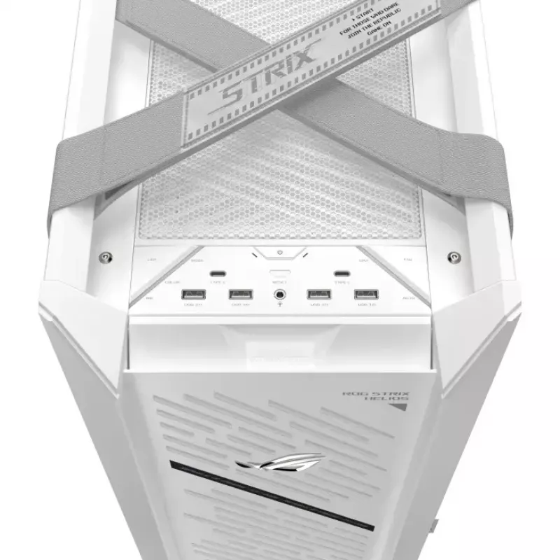 PC Case ASUS ROG Strix Helios II Midi Tower White — supports EATX/ATX/Micro‑ATX/Mini‑ITX, 3x140mm front + 1x140mm rear, 2×3.5 inch + 4×2.5 inch bays, tempered glass
