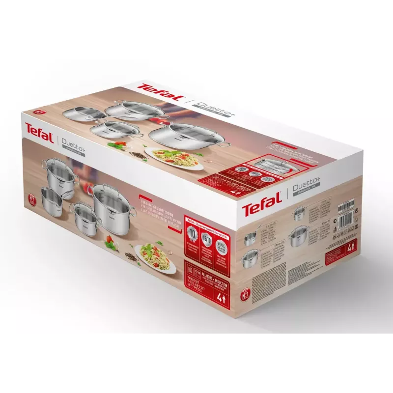 Boiling pan set Tefal Duetto+ G719S7, stainless steel, 7 pcs (saucepans Ø16/20/24 cm, casserole Ø16 cm), induction, lids, ovenproof to 250°C