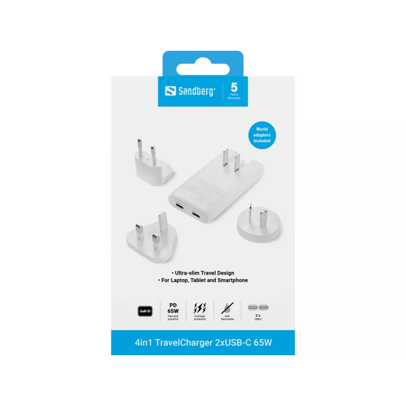 Sandberg 4in1 TravelCharger 65W White, Indoor, AC, 20 V, White