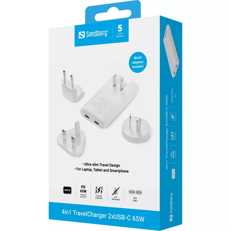 Sandberg 4in1 TravelCharger 65W White, Indoor, AC, 20 V, White
