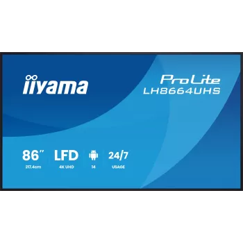 Digital signage flat panel IIYAMA LH8664UHS-B3AG — 85.6 inch (2.17 m) 3840x2160 4K IPS, 450 cd/m², Wi‑Fi, Android, 24/7, Black