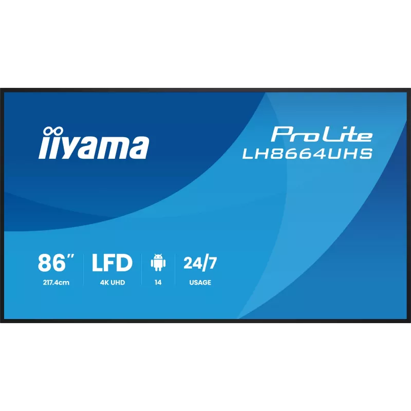 Digital signage flat panel IIYAMA LH8664UHS-B3AG — 85.6 inch (2.17 m) 3840x2160 4K IPS, 450 cd/m², Wi‑Fi, Android, 24/7, Black