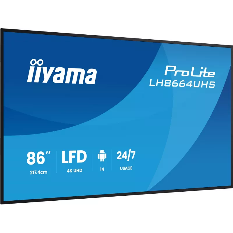 Digital signage flat panel IIYAMA LH8664UHS-B3AG — 85.6 inch (2.17 m) 3840x2160 4K IPS, 450 cd/m², Wi‑Fi, Android, 24/7, Black
