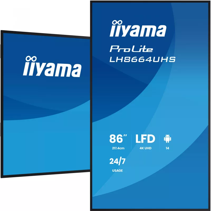 Digital signage flat panel IIYAMA LH8664UHS-B3AG — 85.6 inch (2.17 m) 3840x2160 4K IPS, 450 cd/m², Wi‑Fi, Android, 24/7, Black