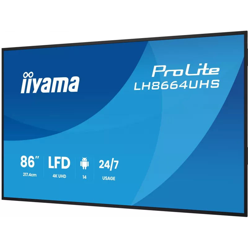 Digital signage flat panel IIYAMA LH8664UHS-B3AG — 85.6 inch (2.17 m) 3840x2160 4K IPS, 450 cd/m², Wi‑Fi, Android, 24/7, Black