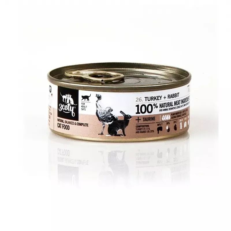 Wet cat food 3coty Turkey with rabbit, 80 g can — complete adult cat feed, protein 20%, fat 9%