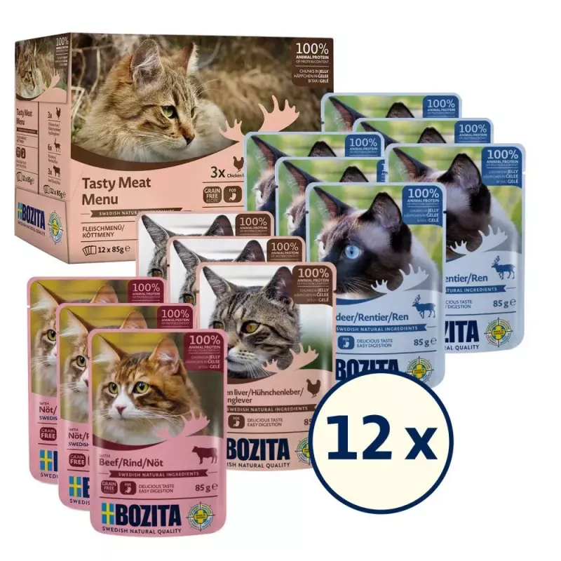 Wet cat food BOZITA 9116321 12×85 g — grain‑free adult pouches with beef, deer, chicken liver (moist, 82% moisture)