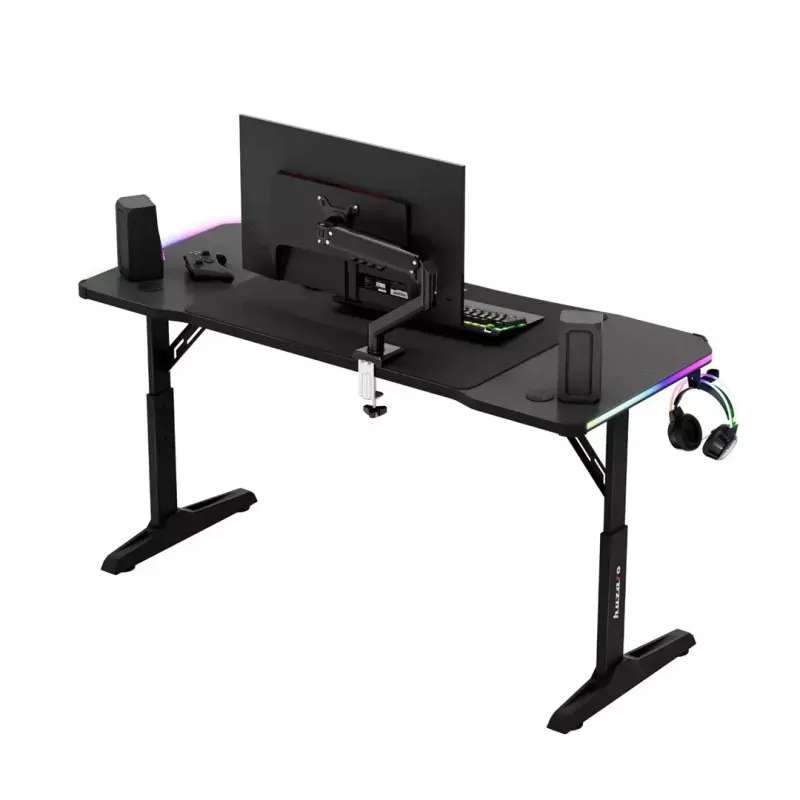 Adjustable-height gaming desk huzaro Hero 3.6 RGB Black — 1400×600 mm, height 560–790 mm, RGB lighting, H-legs