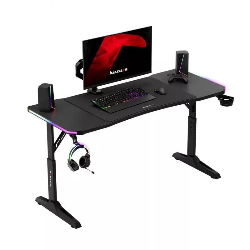 Adjustable-height gaming desk huzaro Hero 3.6 RGB Black — 1400×600 mm, height 560–790 mm, RGB lighting, H-legs