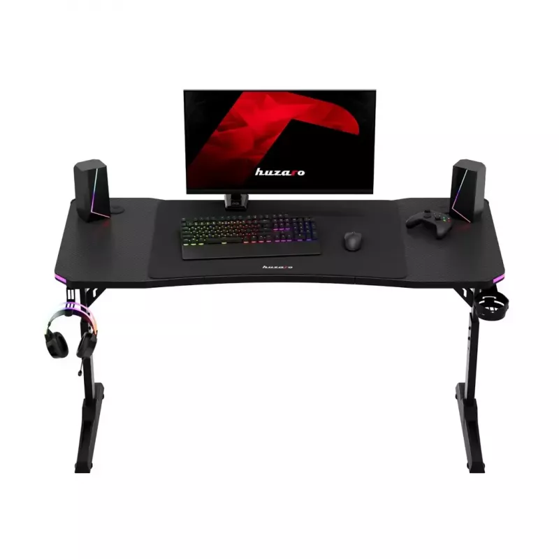 Adjustable-height gaming desk huzaro Hero 3.6 RGB Black — 1400×600 mm, height 560–790 mm, RGB lighting, H-legs