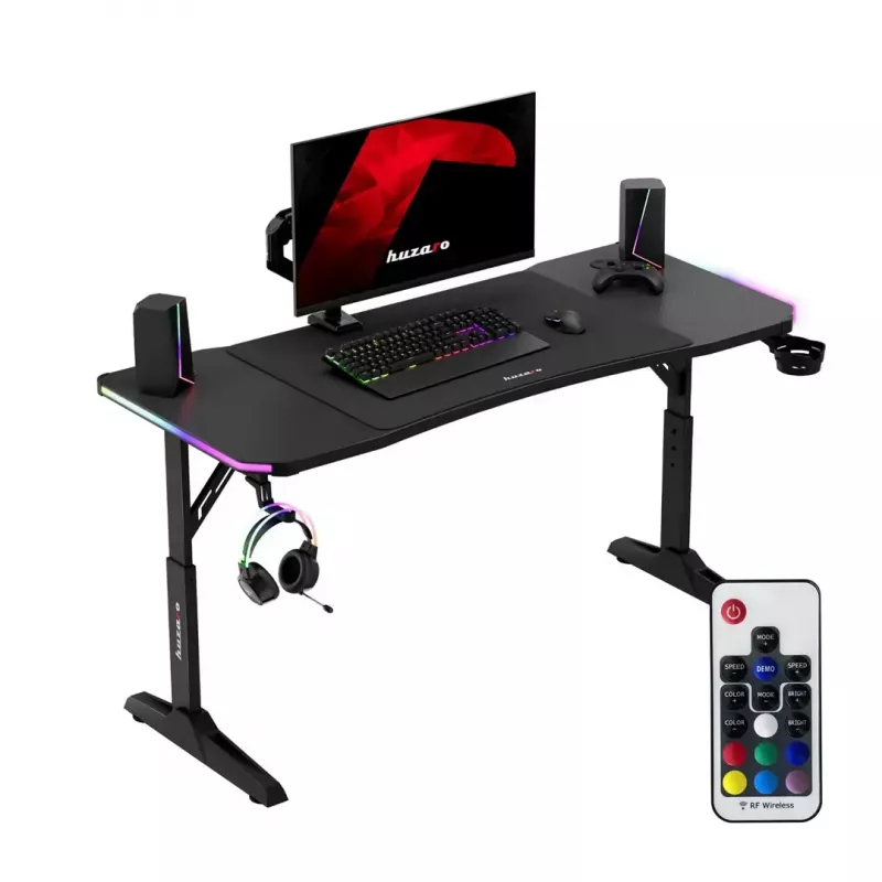Adjustable-height gaming desk huzaro Hero 3.6 RGB Black — 1400×600 mm, height 560–790 mm, RGB lighting, H-legs