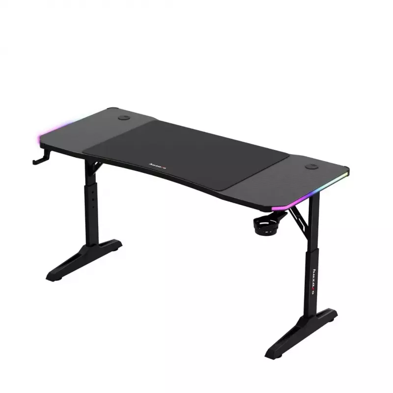 Adjustable-height gaming desk huzaro Hero 3.6 RGB Black — 1400×600 mm, height 560–790 mm, RGB lighting, H-legs