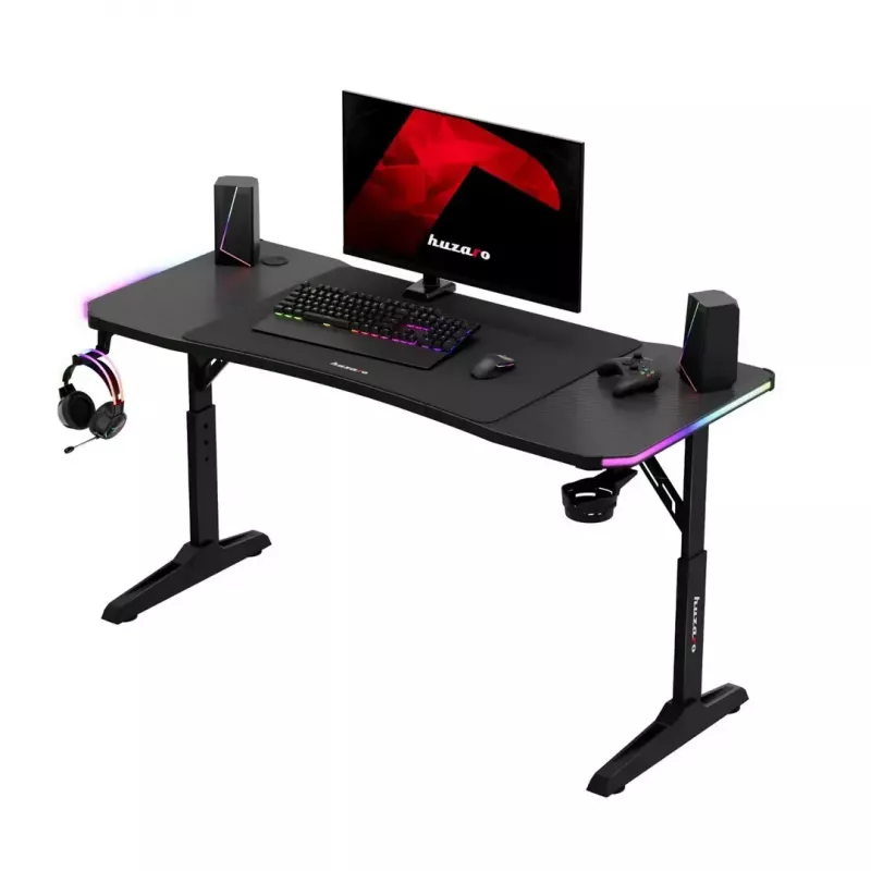Adjustable-height gaming desk huzaro Hero 3.6 RGB Black — 1400×600 mm, height 560–790 mm, RGB lighting, H-legs