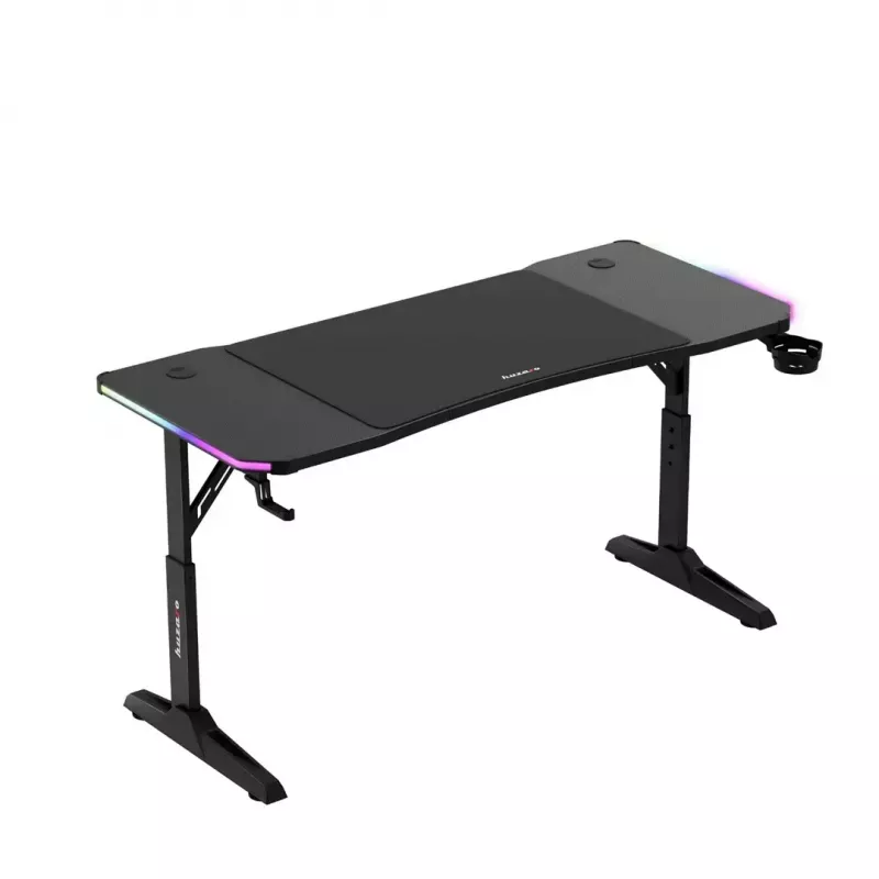 Adjustable-height gaming desk huzaro Hero 3.6 RGB Black — 1400×600 mm, height 560–790 mm, RGB lighting, H-legs