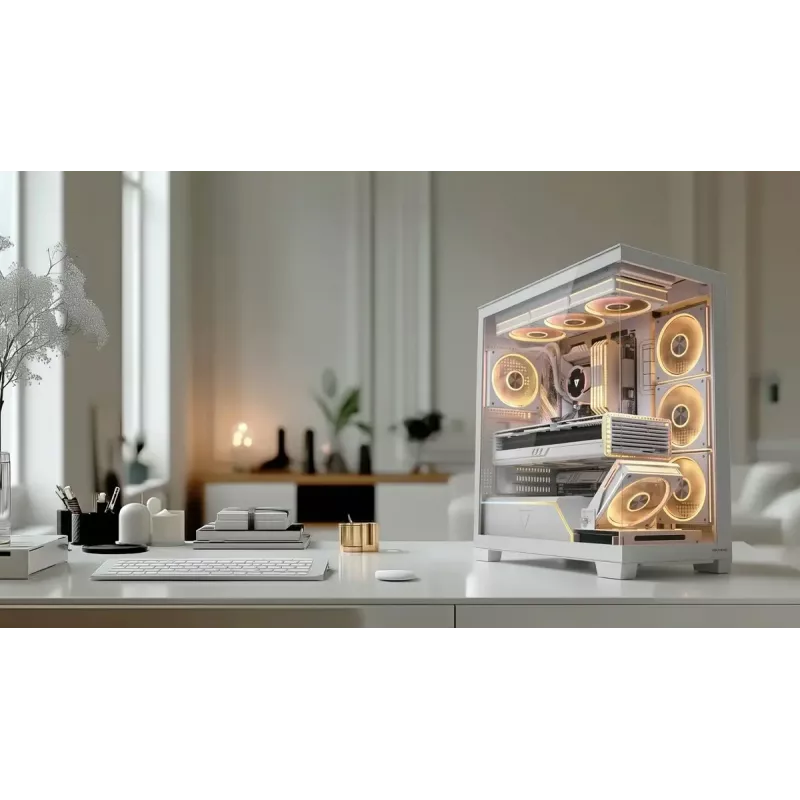 PC case MODECOM VOLCANO STELLAR PLUS ARGB MIDI 8F WHITE — mid-tower, ATX, tempered glass, ARGB lighting, 8 fans, GPU up to 42 cm