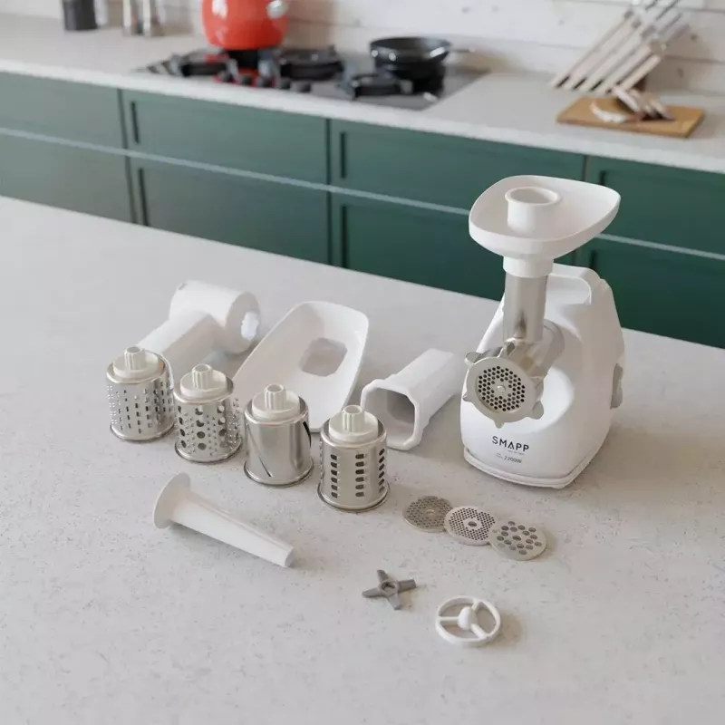 Meat Grinder SMAPP model 490.81 WHITE - 2200 W, 1 speed, 2.7 kg/min, 3 strainers, white, shredding attachment