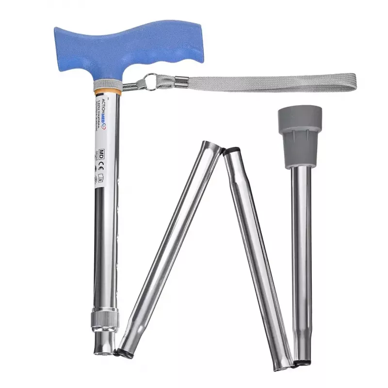 Folding mobility cane ActionMed LI101AM — silver, ergonomic grip, hand strap, slip-resistant, pitch control