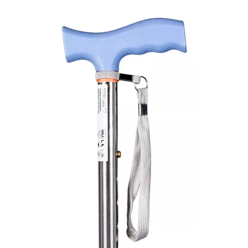 Folding mobility cane ActionMed LI101AM — silver, ergonomic grip, hand strap, slip-resistant, pitch control