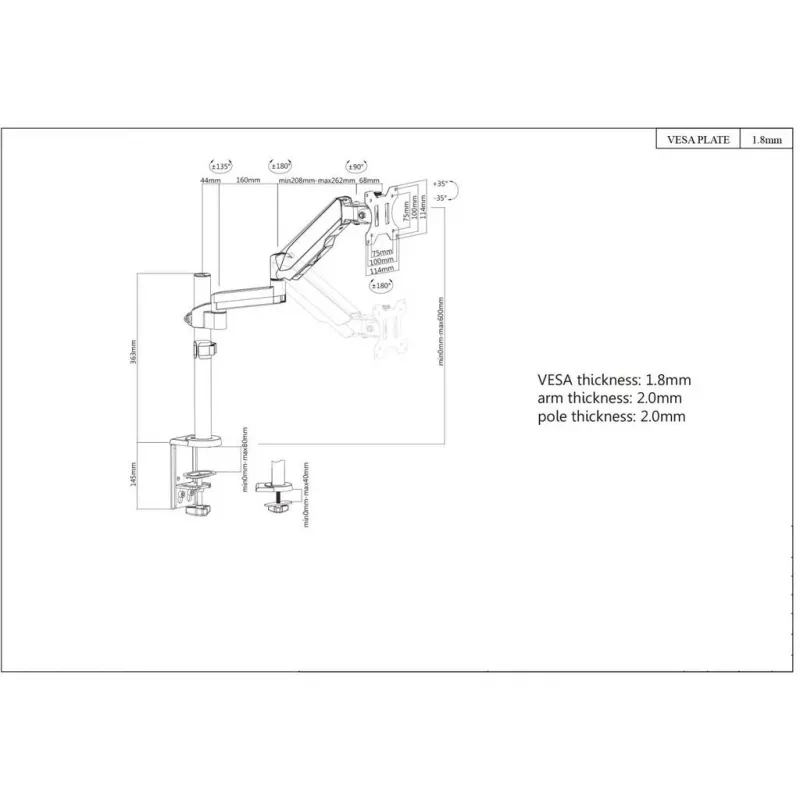 Manhattan Desk Mount for TV & Monitors (Full Motion Gas Spring), For screens 13 inch to 27 inch, Clamp or Grommet Assembly, VESA compatibility: 75x75mm and 100x100mm - check the dimensions of the four mounting holes on back of screen to ensure it fits, Max 8kg, Bracket