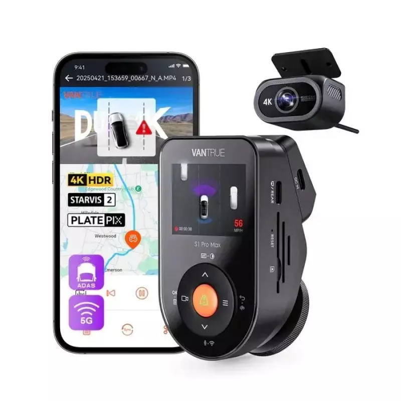 Car dash camera VANTRUE S1PRO MAX — compact 2-channel recorder, 3840×2160 F/1.8, 155° main, Wi‑Fi, GPS, 2 inch display, parking mode, microSD up to 1 TB