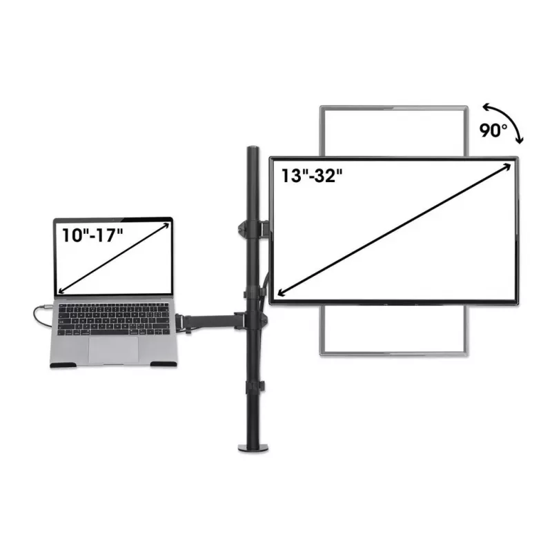 Manhattan Desk Mount for Monitors & Laptop Combo (Full Motion), For screens: 10-27 inch, Laptop up to 17 inch, Clamp Assembly, VESA compatibility: 75x75 and 100x100mm - check the dimensions of the four mounting holes on back of screen to ensure it fits, Max 8kg, Bracket