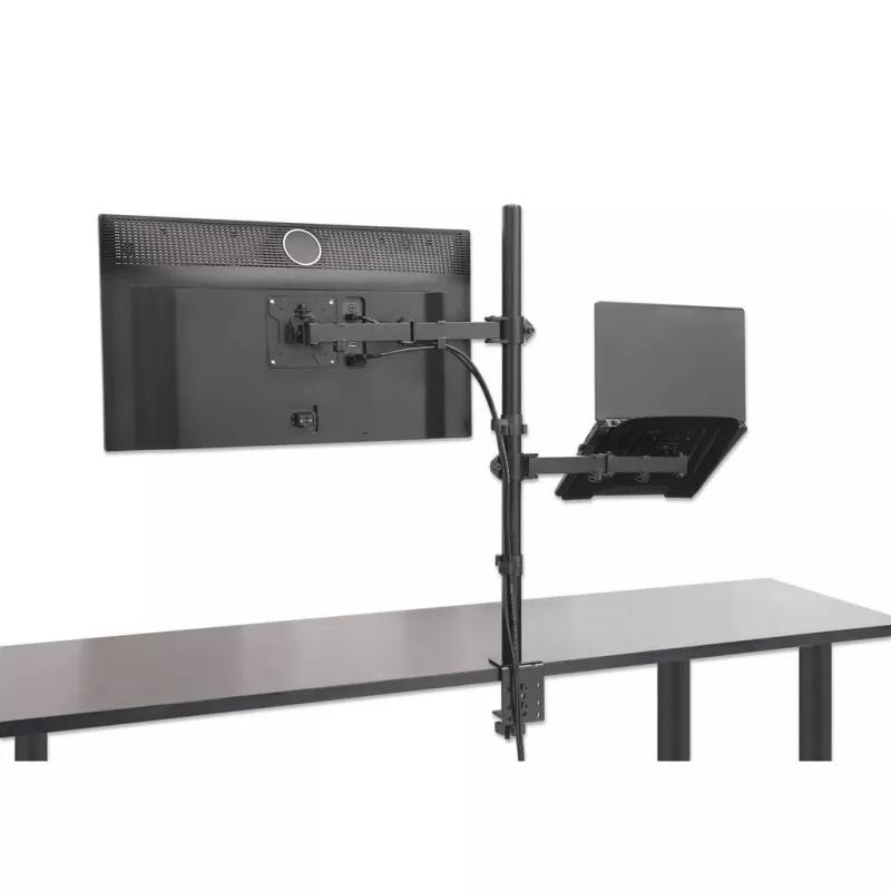 Manhattan Desk Mount for Monitors & Laptop Combo (Full Motion), For screens: 10-27 inch, Laptop up to 17 inch, Clamp Assembly, VESA compatibility: 75x75 and 100x100mm - check the dimensions of the four mounting holes on back of screen to ensure it fits, Max 8kg, Bracket