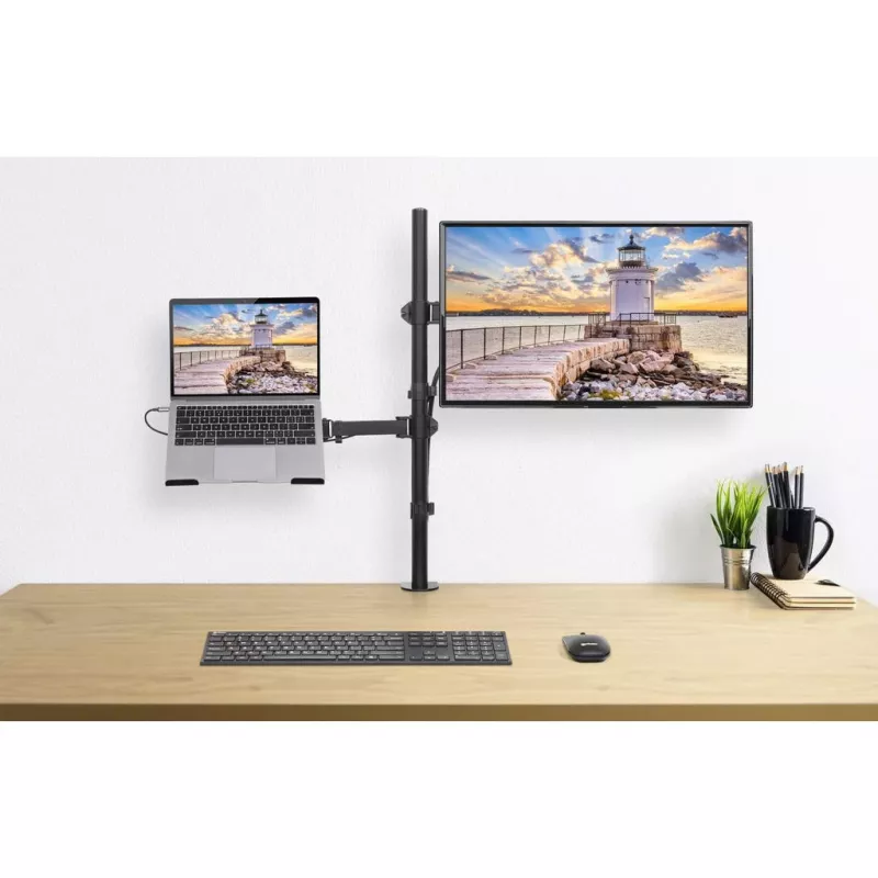 Manhattan Desk Mount for Monitors & Laptop Combo (Full Motion), For screens: 10-27 inch, Laptop up to 17 inch, Clamp Assembly, VESA compatibility: 75x75 and 100x100mm - check the dimensions of the four mounting holes on back of screen to ensure it fits, Max 8kg, Bracket