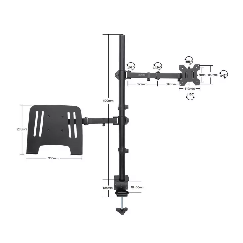 Manhattan Desk Mount for Monitors & Laptop Combo (Full Motion), For screens: 10-27 inch, Laptop up to 17 inch, Clamp Assembly, VESA compatibility: 75x75 and 100x100mm - check the dimensions of the four mounting holes on back of screen to ensure it fits, Max 8kg, Bracket