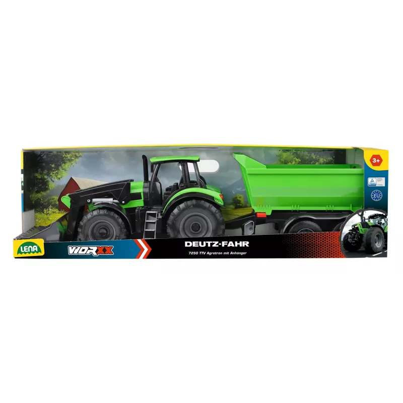 Mechanical toy tractor Lena Deutz-Fahr Worxx with 74 cm length and detachable trailer
