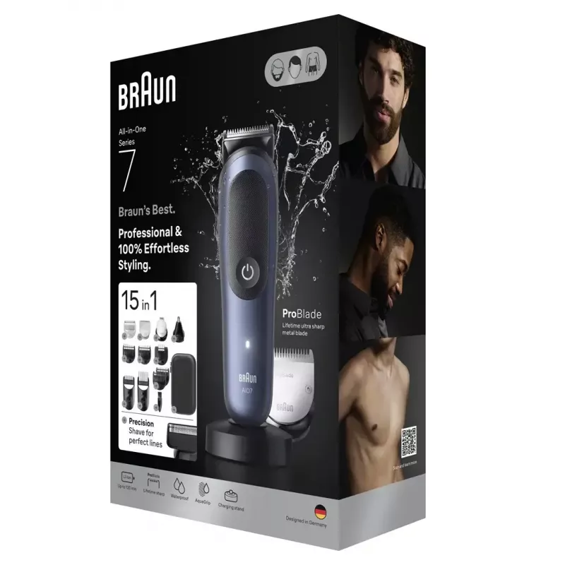 Electric shaver BRAUN All-in-One AIO7580 — cordless rechargeable, wet & dry, 120 min runtime, 21 length steps, full-body