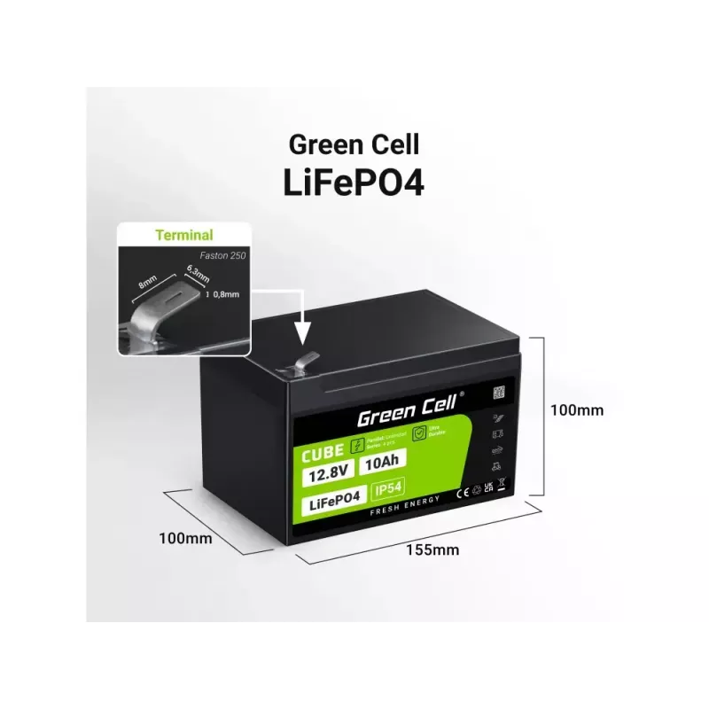 Rechargeable industrial battery Green Cell LFPGC12V10AH 12.8V 10Ah LiFePO4, 155x100x100 mm, 2 kg