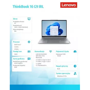 Laptop Lenovo ThinkBook 16 G9 21US007PPB, Intel 7 240H, 16.0 inch WUXGA, 16GB RAM, 512GB SSD, Windows 11 Pro, Luna Grey, 3Y warranty