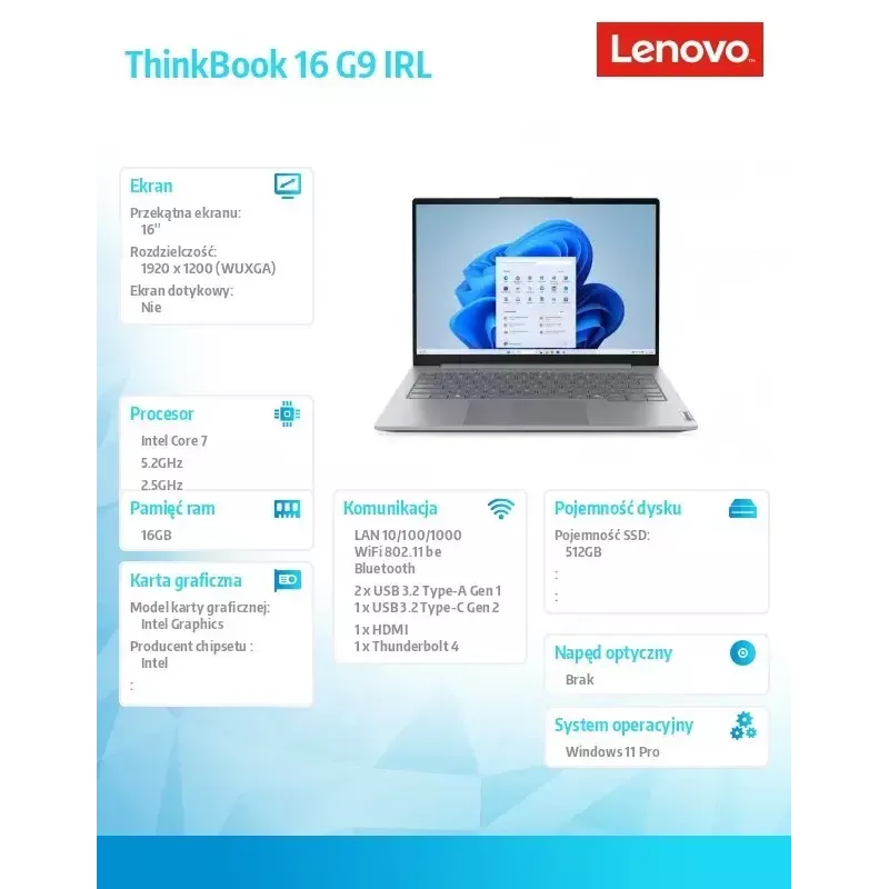 Laptop Lenovo ThinkBook 16 G9 21US007PPB, Intel 7 240H, 16.0 inch WUXGA, 16GB RAM, 512GB SSD, Windows 11 Pro, Luna Grey, 3Y warranty