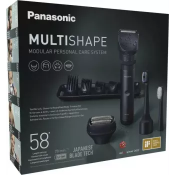 Travel trimmer Panasonic X-Shape Travel — blue, lithium-ion battery, built-in, multi-attachments (beard, body, hair, foil shaver, toothbrush), 1–30 mm, 196×49×43 mm