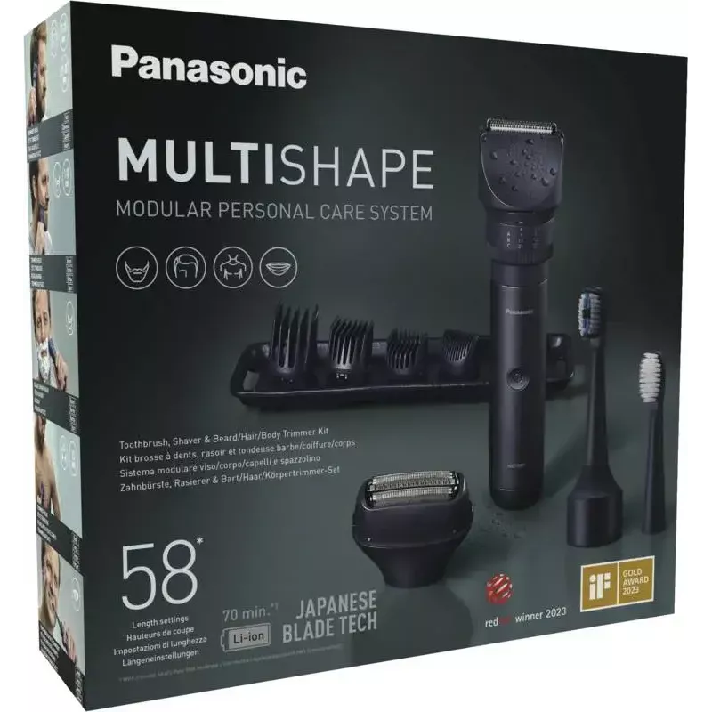 Travel trimmer Panasonic X-Shape Travel — blue, lithium-ion battery, built-in, multi-attachments (beard, body, hair, foil shaver, toothbrush), 1–30 mm, 196×49×43 mm