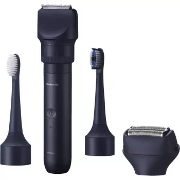 Travel trimmer Panasonic X-Shape Travel — blue, lithium-ion battery, built-in, multi-attachments (beard, body, hair, foil shaver, toothbrush), 1–30 mm, 196×49×43 mm