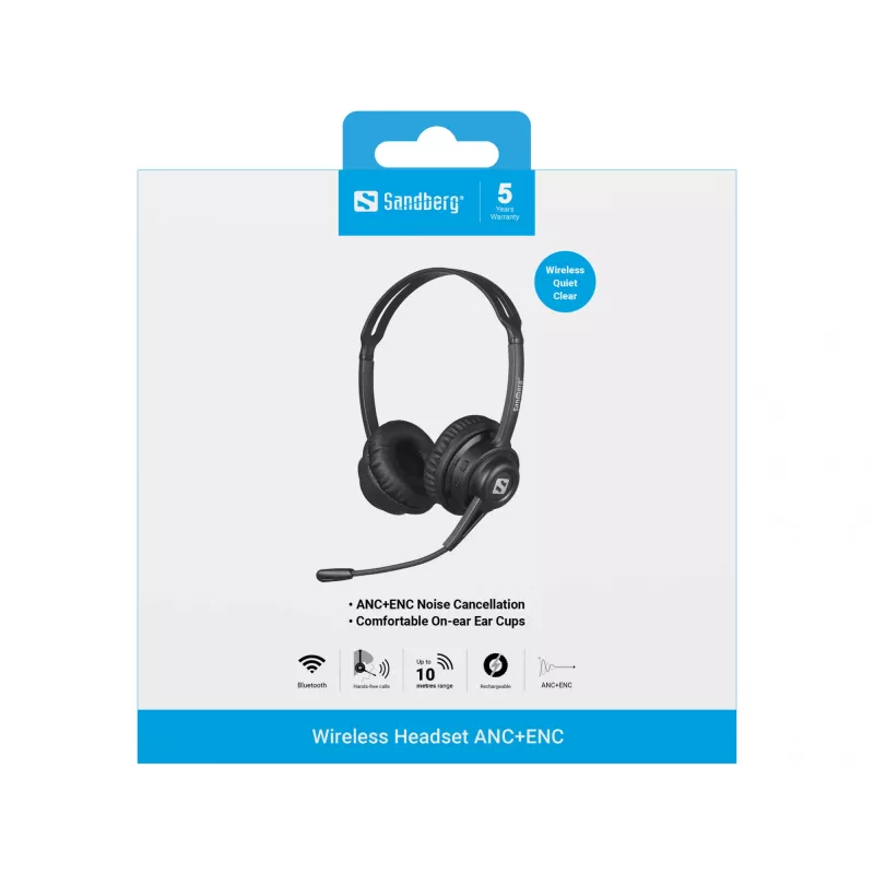 Sandberg Wireless Headset ANC+ENC, Wireless, Music/Everyday, 20 - 20000 Hz, 230 g, Headset, Black
