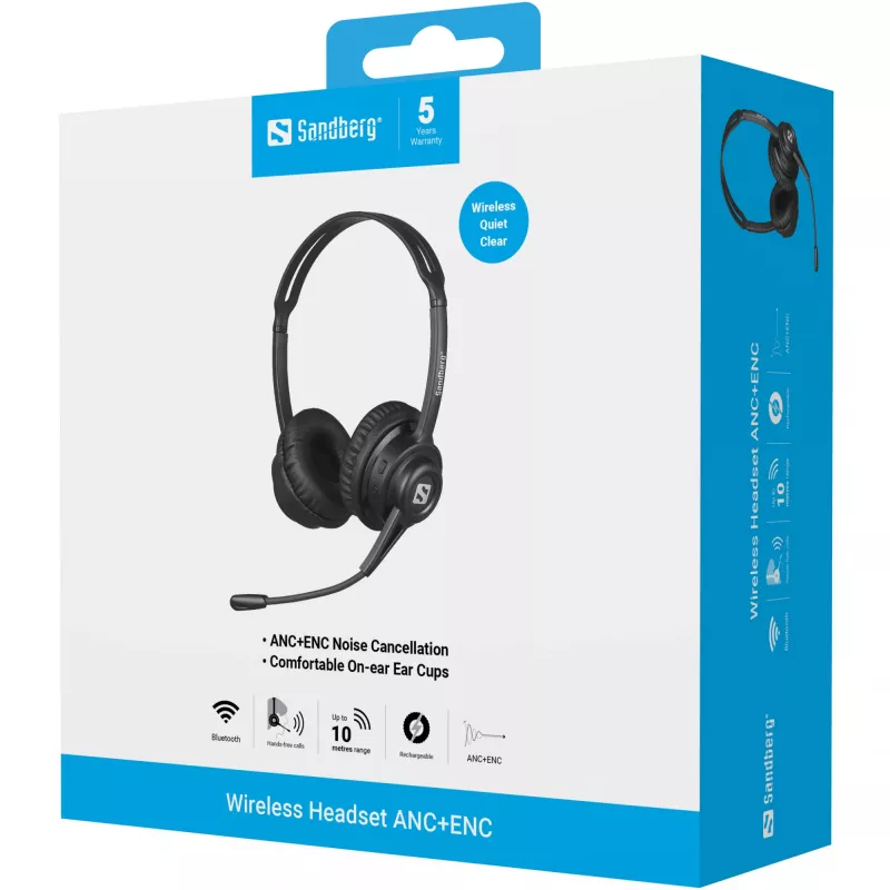 Sandberg Wireless Headset ANC+ENC, Wireless, Music/Everyday, 20 - 20000 Hz, 230 g, Headset, Black