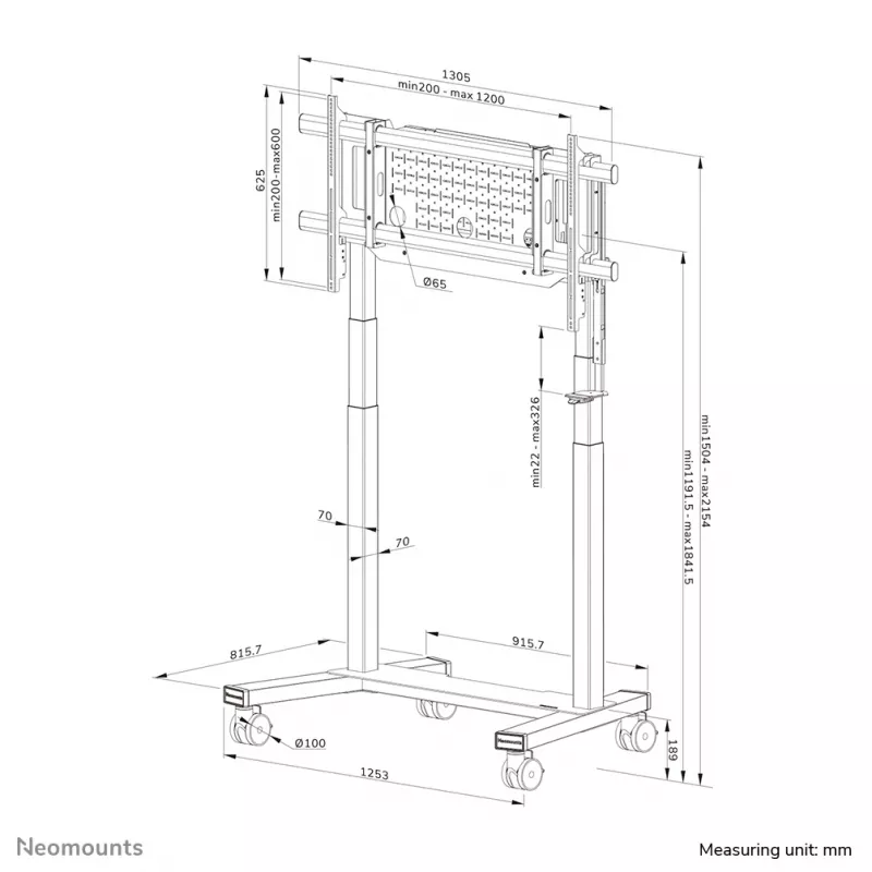 TV trolley Neomounts FL55-975BL1 motorised for 75–115 inch screens, steel, black, max 160 kg, height 2154 mm