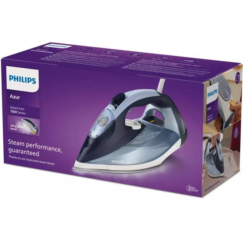 Steam iron Philips DST7020/20 — 2800 W, SteamGlide Plus soleplate, 50 g/min continuous, 250 g/min boost, 0.3 L tank, blue