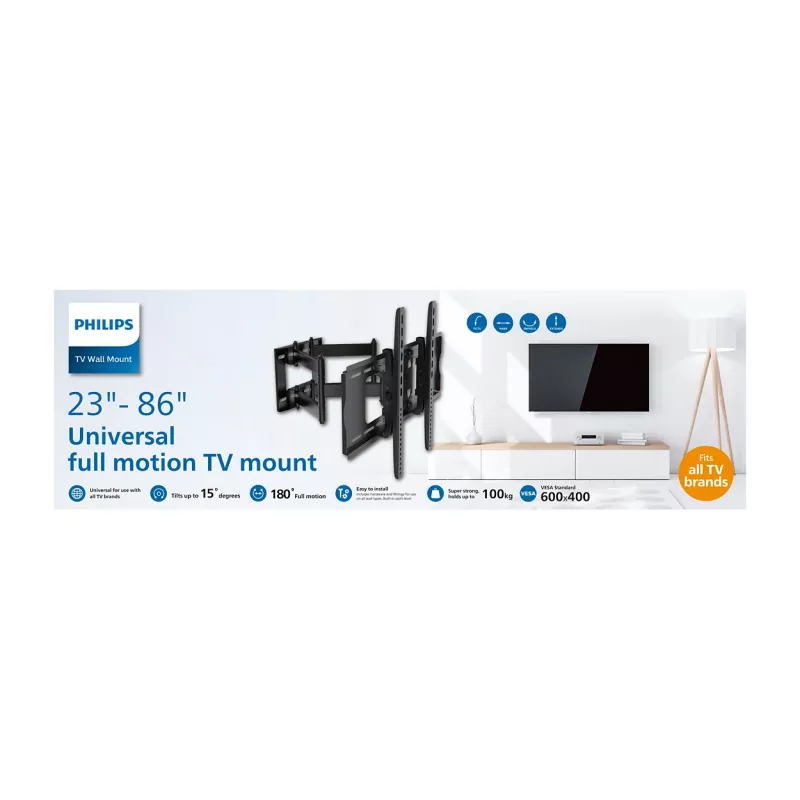 TV floor stand Philips SQM9640/00 for 58.4 cm–2.18 m (23 inch–86 inch), up to 55 kg, VESA 200x100–600x400, tilt ±15°, rotate 180° — Black