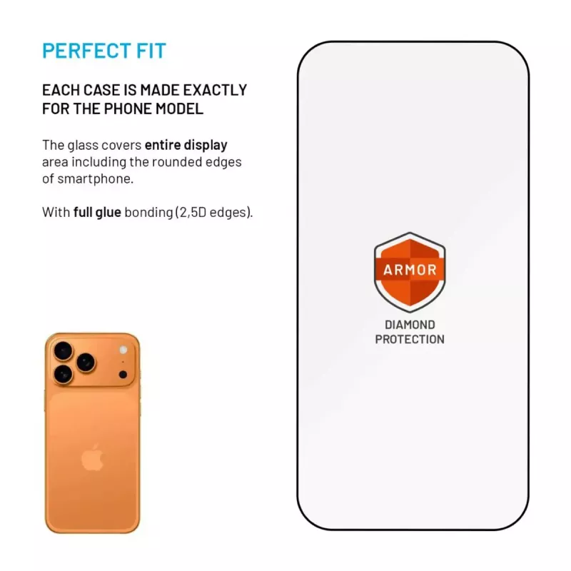 Screen protector FIXED for Apple iPhone 17 Pro — tempered glass, black, Armor with anti-dust applicator and AR layer