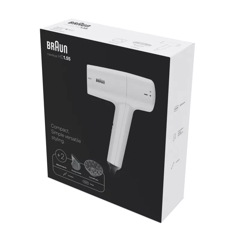 Hair dryer BRAUN HD1.55 — 1800 W, 2 heat levels, Cool shot, 1.8 m cord, White