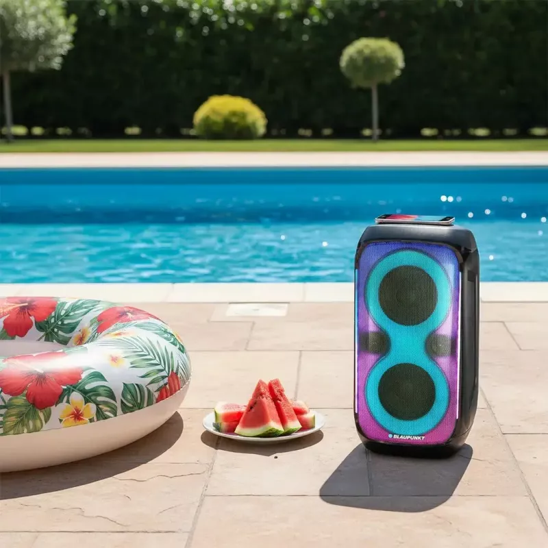 Speaker system BLAUPUNKT PB60X — 120W RMS, Bluetooth A2DP, FM, LED display, 7000mAh battery, 18h, AUX, remote, 568×322×321 mm