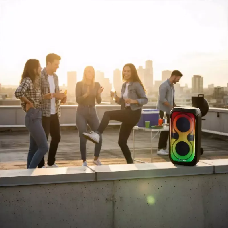 Speaker system BLAUPUNKT PB60X — 120W RMS, Bluetooth A2DP, FM, LED display, 7000mAh battery, 18h, AUX, remote, 568×322×321 mm