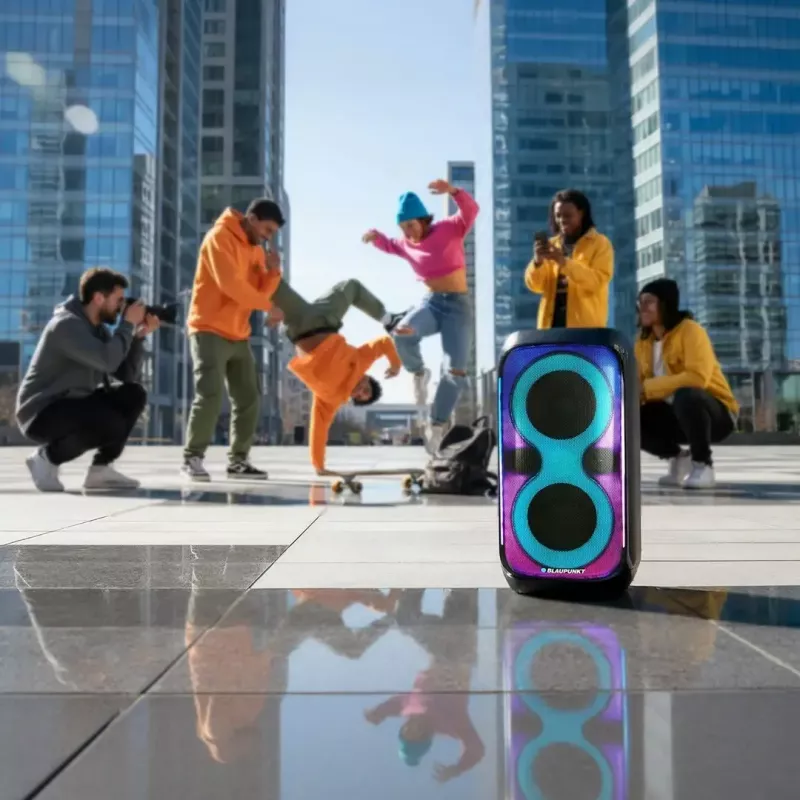 Speaker system BLAUPUNKT PB60X — 120W RMS, Bluetooth A2DP, FM, LED display, 7000mAh battery, 18h, AUX, remote, 568×322×321 mm