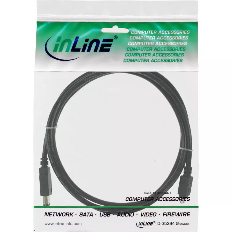 InLine FireWire 400 1394 Cable 6 to 4 Pin male 1.8m, Black, 1.8 m, 6-pin, 4-Pin, Male/Male, 175 mm