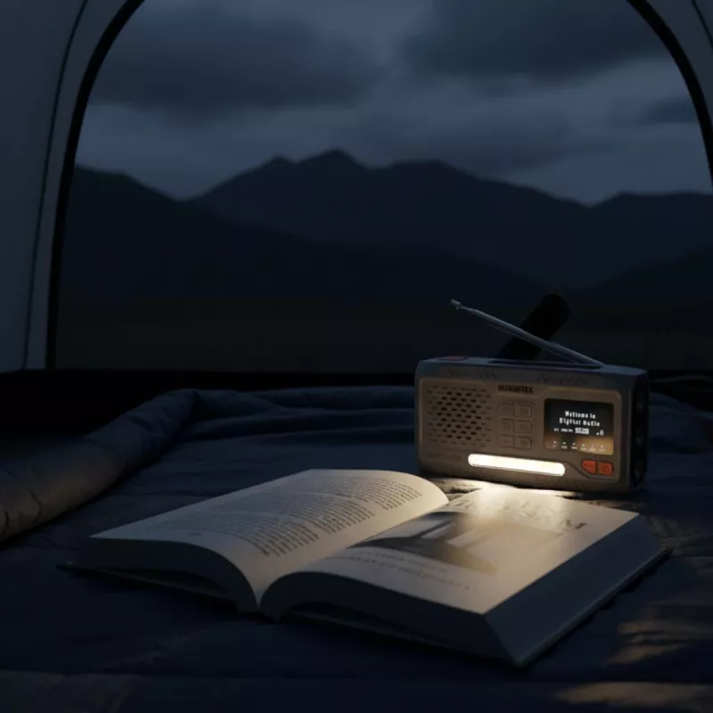 Portable wind-up radio Marmitek RESQ 100 — DAB/DAB+/FM, 3 W, LCD, USB‑C, 3.5 mm jack, light grey