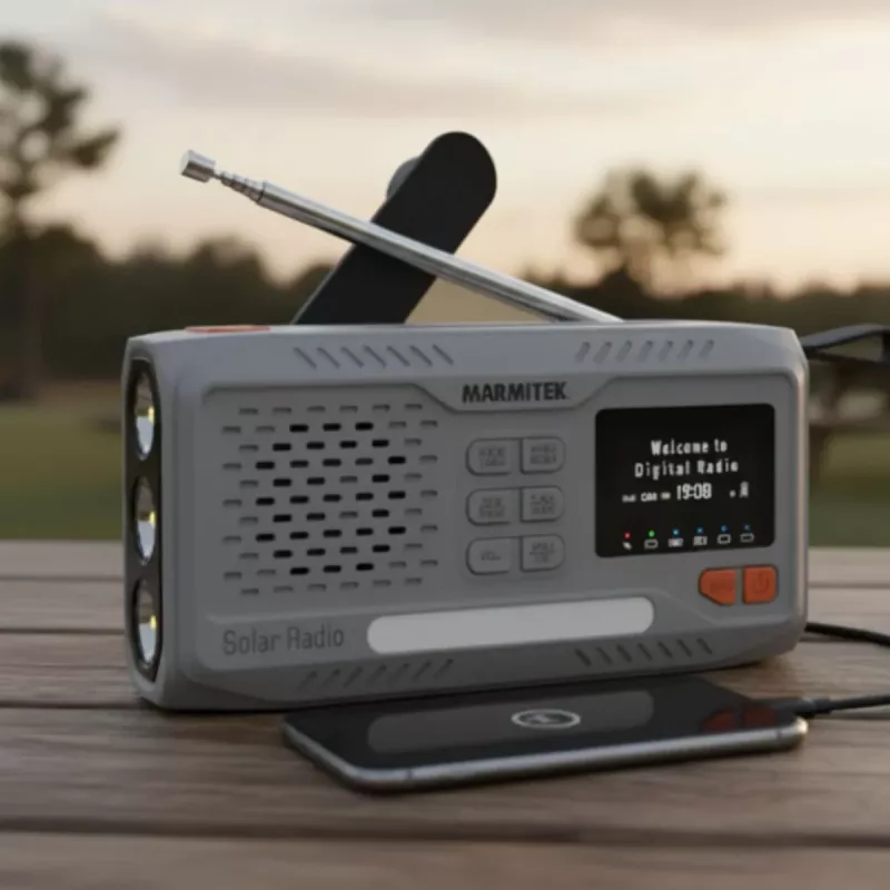 Portable wind-up radio Marmitek RESQ 100 — DAB/DAB+/FM, 3 W, LCD, USB‑C, 3.5 mm jack, light grey